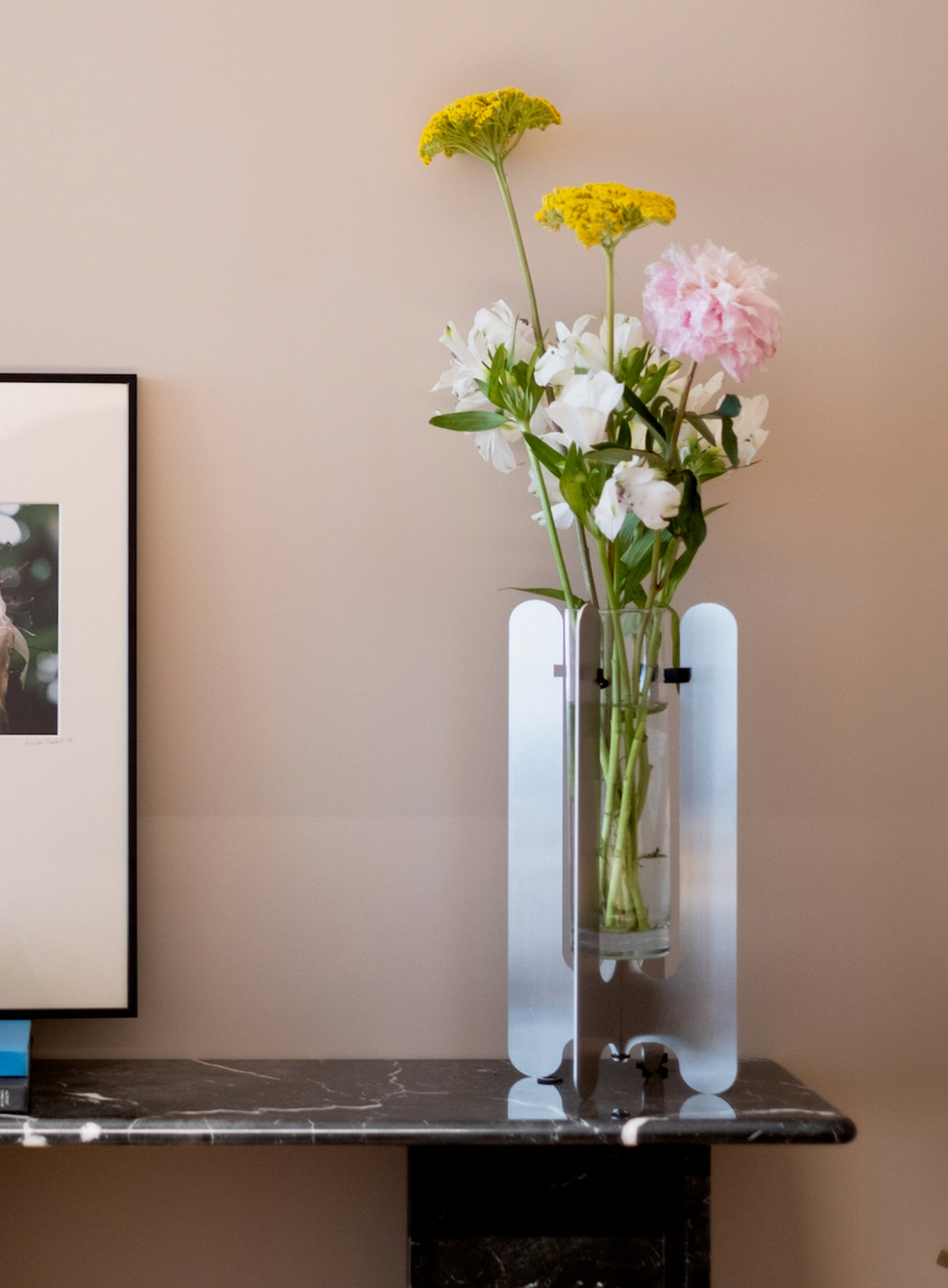 Modern flower vase by AMCA Oval — minimalist design, sculptural aluminium metal , transparent glass tube, collectible home decor.